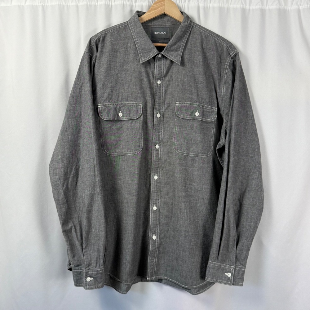 BONOBOS Slim Fit Chambray Long Sleeve Shirt Mens XXL Gray Contrast Stiching